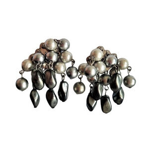 HP Vintage Gray Iridescent Beaded‎ Dangle Chandelier Statement Clip On Earrings